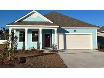 Charming one-story house with a light blue exterior, red door and a two-car garage at 584 Duvall St., Longs, SC 29568