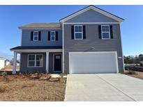 Two-story house with gray and blue siding, white garage door, and landscaping at 831 Buttonwood Dr., Conway, SC 29527