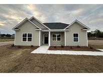 Tan vinyl-sided house with a gray roof and landscaping at 3858 Red Bluff Rd., Loris, SC 29569