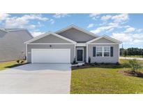 Gray siding, two-car garage, and landscaped lawn characterize this charming house at 7302 Meadow Walk Loop, Loris, SC 29569