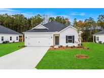 White house with gray door, two-car garage, and landscaped lawn at 3041 Dover Branch Dr., Little River, SC 29566