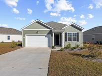 Charming one-story house with a green exterior, white garage door, and landscaping at 1143 Sennema Circle, Myrtle Beach, SC 29588