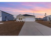 Charming single-story home with a two-car garage and landscaped front yard at sunset at 509 Covewood Ct., Longs, SC 29568