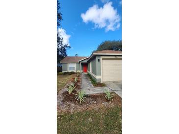 Newly painted house with red door, landscaped yard, and attached garage at 116 N Cervidae Dr, Apopka, FL 32703