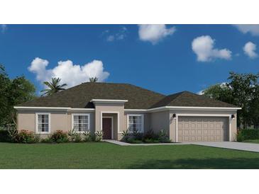 One-story home with a two-car garage, dark roof, and landscaping at 6107 Sw 115Th Street Rd, Ocala, FL 34476
