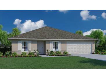 Single-story home with a two-car garage and landscaped front yard at 6975 Sw 132Nd Pl, Ocala, FL 34473