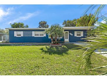 Charming ranch home with blue exterior and well-maintained lawn at 6919 Fern Cir, Leesburg, FL 34748