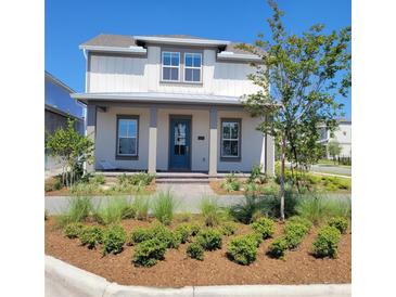 Two-story house with light-colored siding, a gray roof, and a teal door at 10425 Medawar St, Orlando, FL 32827