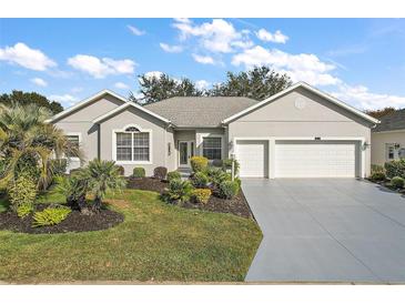 Single-story home with two-car garage, landscaped lawn, and palm trees at 24124 Robinwood St, Leesburg, FL 34748