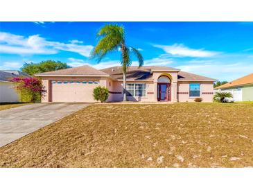 Single-story house with attached garage and palm tree in front yard at 8021 Cardinal Winds Ln, Mascotte, FL 34753