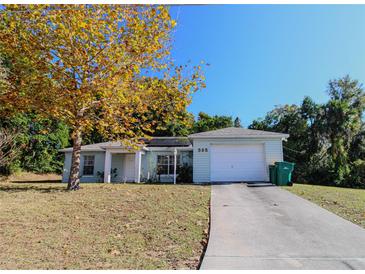 Light blue single-story home with attached garage and driveway at 595 S Morningside Dr, Eustis, FL 32726