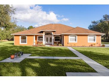 Orange one-story house with a brown roof, double front doors, and landscaped yard at 324 Tomato Hill Rd, Leesburg, FL 34748