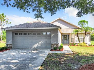Single-story home with gray siding, two-car garage, and landscaping at 665 Lake Clark Pl, Lakeland, FL 33813
