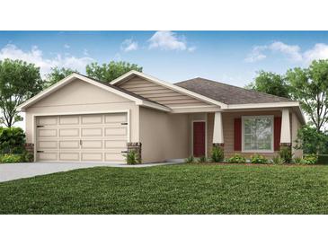 One-story house with beige siding, brown roof, and a two-car garage at 10651 Sw 76Th Ct, Ocala, FL 34480