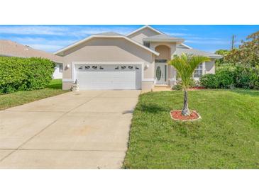 Tan house with white garage door, landscaping, and palm tree at 51 Sun Dunes Cir, Ponce Inlet, FL 32127