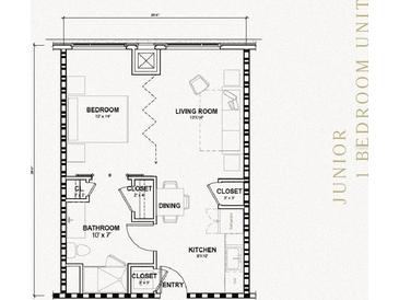 Junior one-bedroom unit floor plan, showing bedroom, living room, kitchen and bathroom at 4849 W Irlo Bronson Hwy # 511, Kissimmee, FL 34746