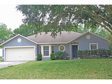 Single-story house with a gray exterior and nicely landscaped lawn at 1124 Chateau Cir, Minneola, FL 34715