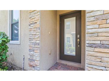 Modern dark brown front door entry with stone accents at 8940 Azalea Sands Ln # 8940, Davenport, FL 33896