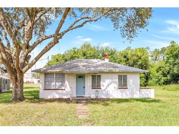 Small house with light blue door and large tree at 105 N Florida Ave, Howey In The Hills, FL 34737