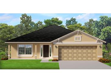 One-story home with beige exterior, dark brown door, and two-car garage at 4410 Sagefield Dr, Saint Cloud, FL 34773