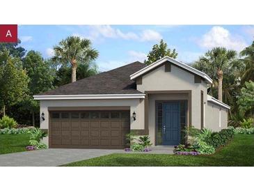 New home exterior with brown garage door and a blue front door at 168 Duckweed Ave, Fruitland Park, FL 34731