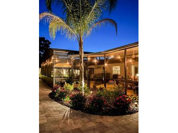 Landscaped backyard with a pool and patio at night at 318 Stone Castle Loop, Lady Lake, FL 32159
