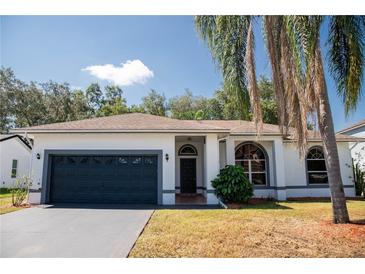Well-maintained home with a dark gray garage door and palm tree at 573 Hummingbird Ct, Kissimmee, FL 34759
