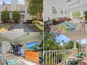 Two-story townhome with light yellow exterior, landscaping, and parking at 7502 Seven Eagles Way, Reunion, FL 34747