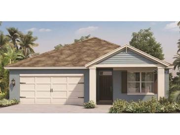 New construction home with two-car garage and blue siding at 1145 Brimstone Cir, Winter Haven, FL 33884