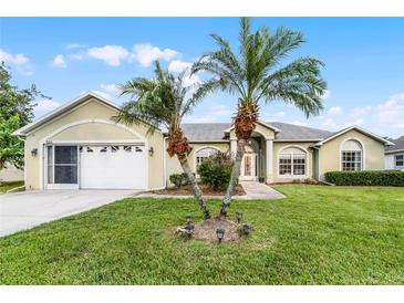 Tan one-story house with palm trees, attached garage, and well-manicured lawn at 3211 Bayview Ln, Saint Cloud, FL 34772