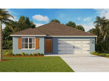 One-story home with light blue exterior, orange shutters, and a two-car garage at 825 Ambleside Dr, Haines City, FL 33844