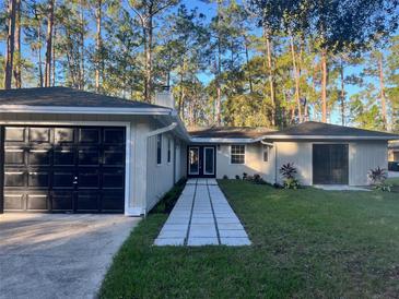 Updated home exterior, featuring a walkway, attached garage, and landscaping at 14315 Conifer Dr, Orlando, FL 32832