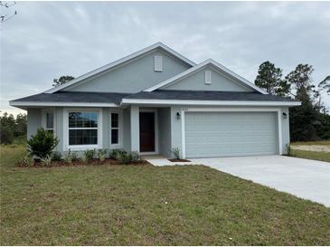 Single-story home with gray siding and two car garage at 4306 Sagefield Dr, Harmony, FL 34773