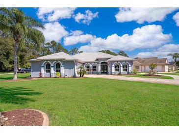 Two-story home with a landscaped yard and palm trees at 12009 Eagle Point Ct, Leesburg, FL 34788