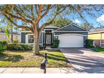 Single-story home with blue exterior, white garage door, and landscaped yard at 2910 Sweetspire Cir, Oviedo, FL 32766