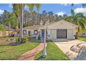 House exterior featuring a landscaped yard, walkway, and two-car garage at 2460 Oak Mill Dr, Kissimmee, FL 34744