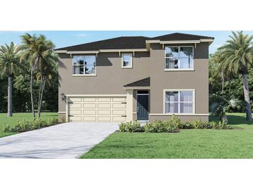 Two-story house with light brown exterior, neutral colored garage door, and landscaping at 2842 Moulin Rd, Davenport, FL 33837