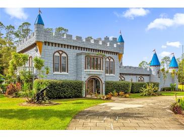 Fairytale castle exterior featuring a unique design, lush landscaping, and a paved driveway at 14502 Scotch Pine Ct, Orlando, FL 32832