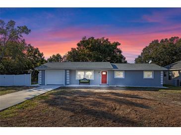 Newly renovated 1-story home with gray exterior, red door, and attached garage at 27623 Lisa Dr, Tavares, FL 32778