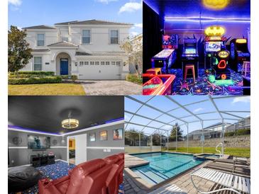 Four images: home exterior, game room, home theater, and pool at 1528 Mulligan Blvd, Davenport, FL 33896