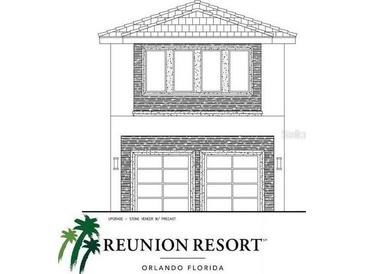 Exterior elevation of a two-story home with a two-car garage at 7632 Excitement Dr, Reunion, FL 34747