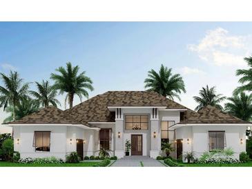Modern coastal home with white exterior, dark roof, palm trees, and a welcoming front entrance at 17050 Medici Way, Bella Collina, FL 34756