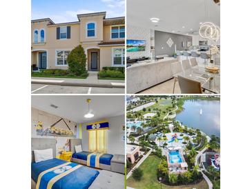A collage showcasing the home's exterior, interior, bedroom, and community amenities at 1567 Carey Palm Cir, Kissimmee, FL 34747