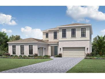 Two-story house with light-colored brick exterior, landscaping, and a three-car garage at 9835 Laurel Berry Dr, Orlando, FL 32827