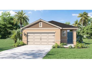 One-story home with a beige exterior, neutral garage door, and palm trees at 218 Amberwood Way, Umatilla, FL 32784