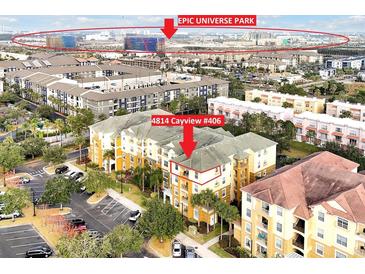Aerial view of condo near Epic Universe, highlighting building location and parking at 4814 Cayview Ave # 40613, Orlando, FL 32819