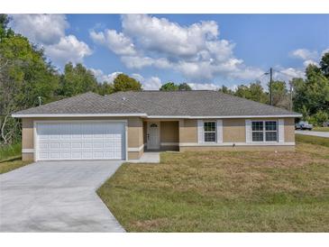 Charming one-story home with a white garage door and landscaped lawn at 13899 Sw 89Th St, Dunnellon, FL 34432