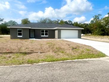 New single-story home with gray exterior, attached garage, and grassy yard at 35 Guava Terrace Radl, Ocklawaha, FL 32179