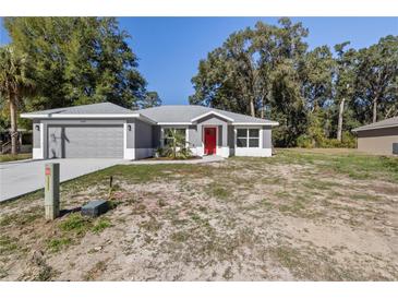 Newly built home with gray exterior, red door, and a spacious yard at 3325 Se 131St Pl, Belleview, FL 34420