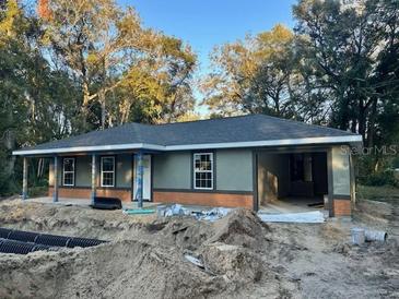 Newly constructed home with gray siding and a brick accent at 4131 Se 130Th Pl, Belleview, FL 34420